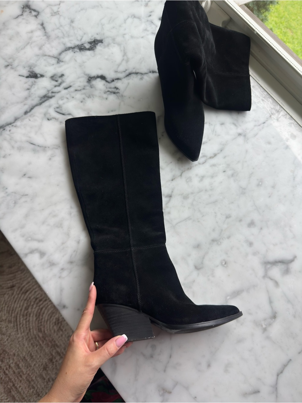 Marc Fisher Black Suede Mid-Calf Block Heel Boots
